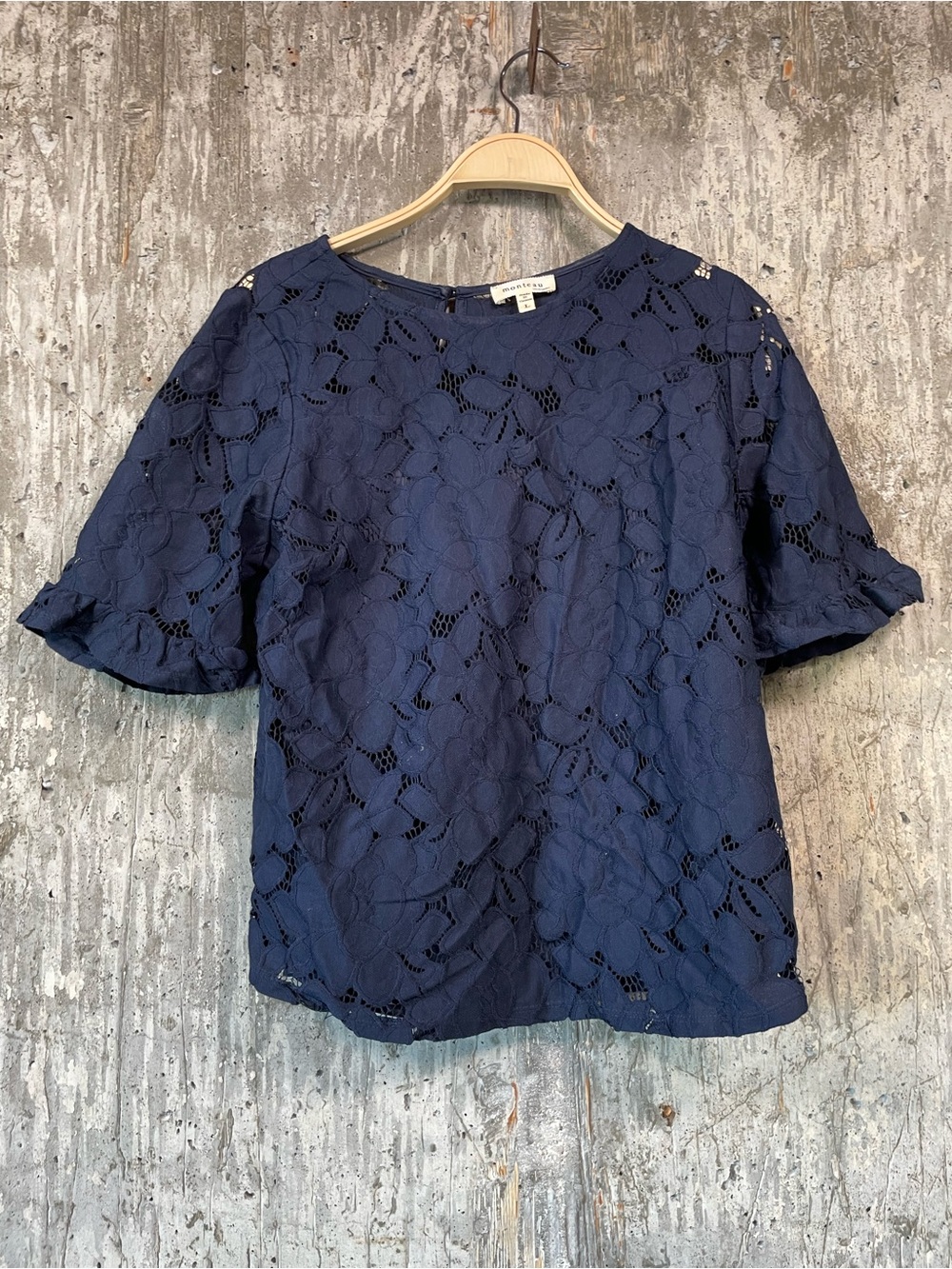 MONTEAU Women's Navy Blue Short Sleeves Lace Blouse Size L